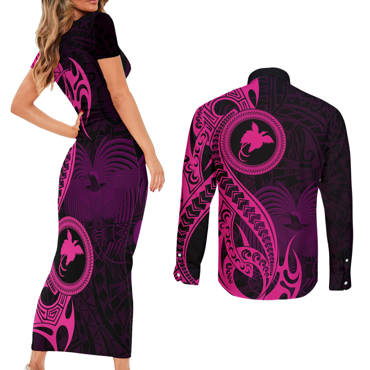 Papua New Guinea Island Couples Matching Short Sleeve Bodycon Dress and Long Sleeve Button Shirts Bird of Paradise with Pink Polynesian Tribal LT9 - Polynesian Pride