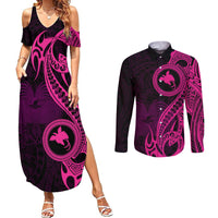 Papua New Guinea Island Couples Matching Summer Maxi Dress and Long Sleeve Button Shirts Bird of Paradise with Pink Polynesian Tribal LT9 Pink - Polynesian Pride