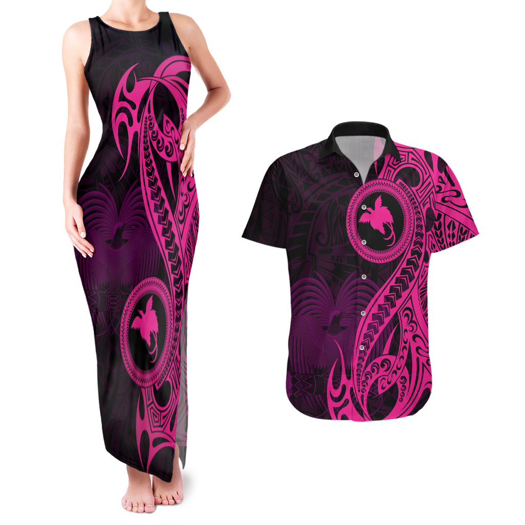 Papua New Guinea Island Couples Matching Tank Maxi Dress and Hawaiian Shirt Bird of Paradise with Pink Polynesian Tribal LT9 Pink - Polynesian Pride