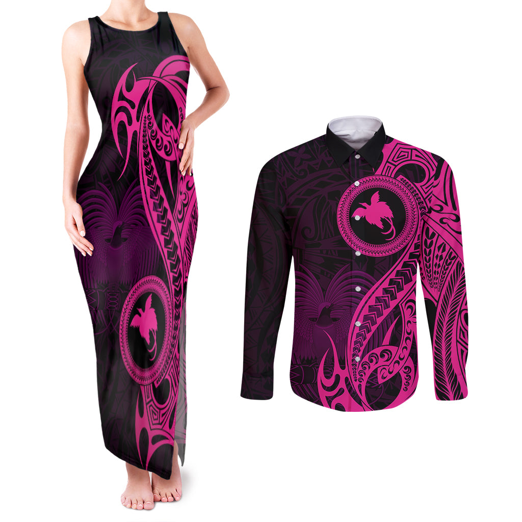 Papua New Guinea Island Couples Matching Tank Maxi Dress and Long Sleeve Button Shirts Bird of Paradise with Pink Polynesian Tribal LT9 Pink - Polynesian Pride