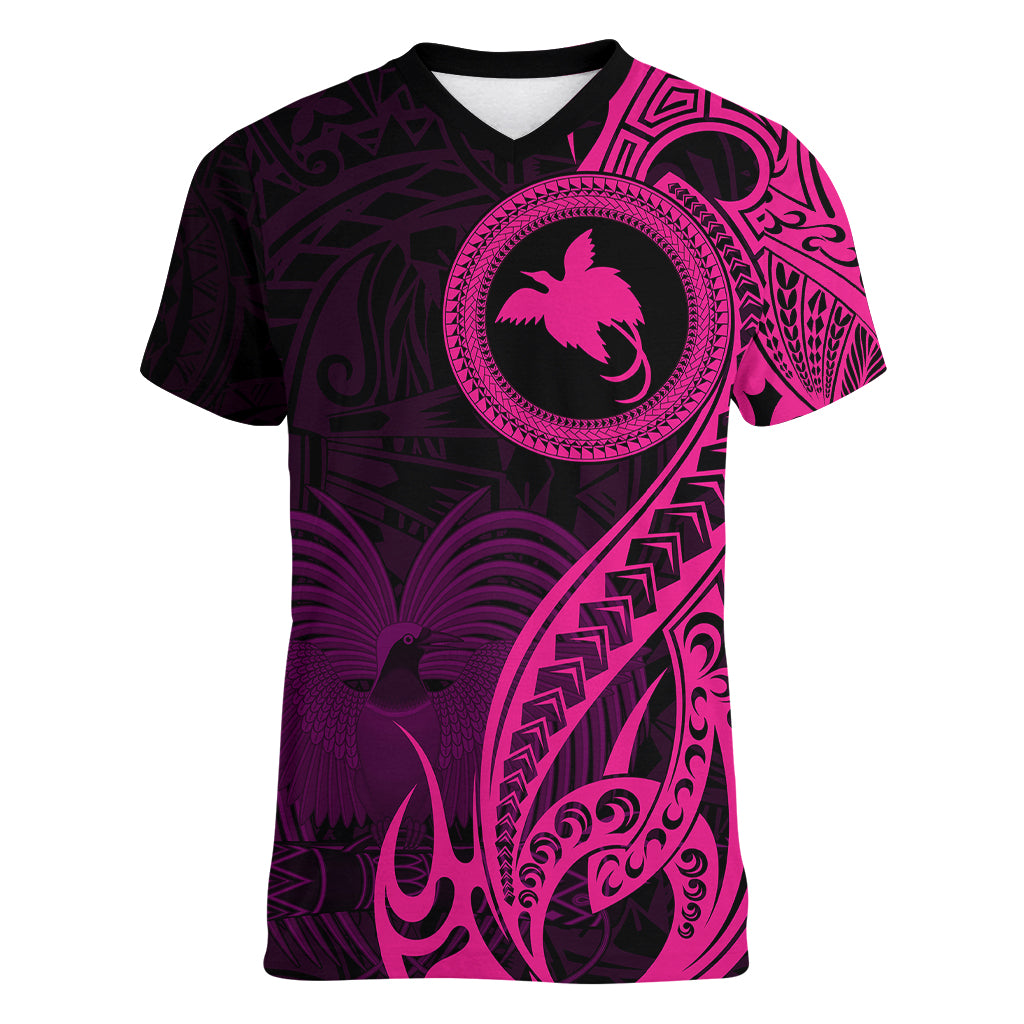 Papua New Guinea Island Women V Neck T Shirt Bird of Paradise with Pink Polynesian Tribal LT9 Female Pink - Polynesian Pride