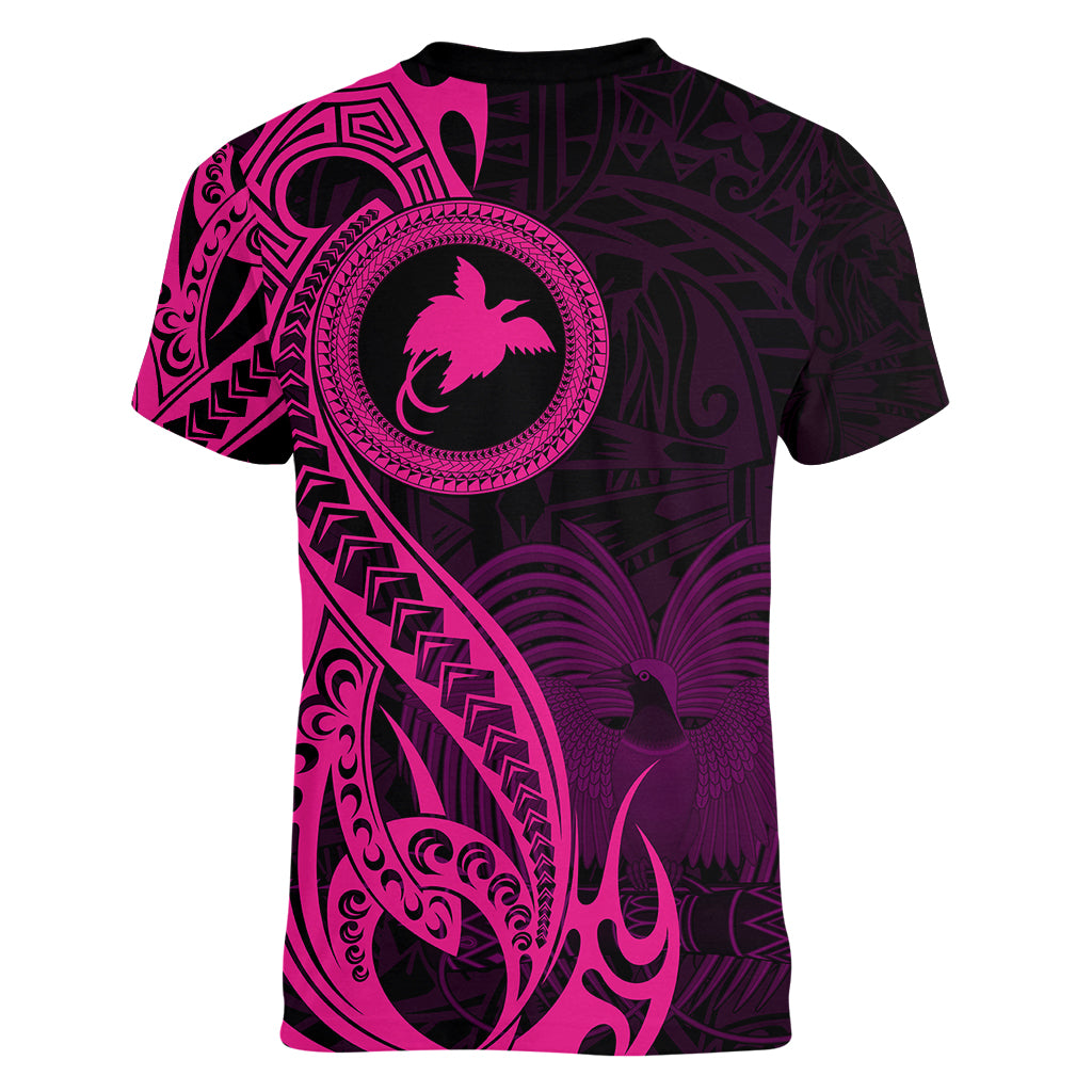 Papua New Guinea Island Women V Neck T Shirt Bird of Paradise with Pink Polynesian Tribal LT9 - Polynesian Pride