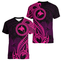Papua New Guinea Island Women V Neck T Shirt Bird of Paradise with Pink Polynesian Tribal LT9 - Polynesian Pride