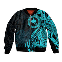Papua New Guinea Island Bomber Jacket Bird of Paradise with Aqua Polynesian Tribal LT9 Unisex Aqua - Polynesian Pride