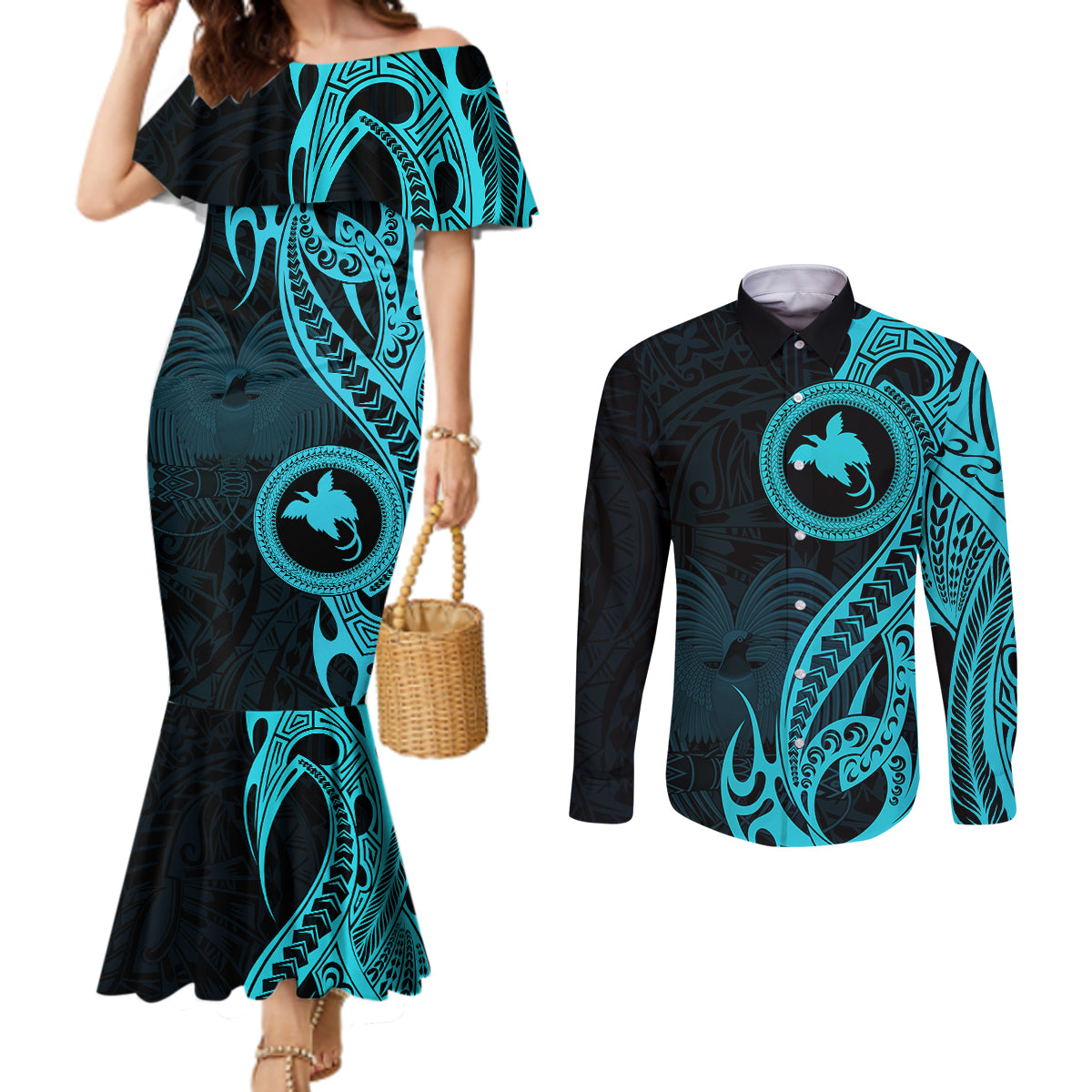 Papua New Guinea Island Couples Matching Mermaid Dress and Long Sleeve Button Shirts Bird of Paradise with Aqua Polynesian Tribal LT9 Aqua - Polynesian Pride