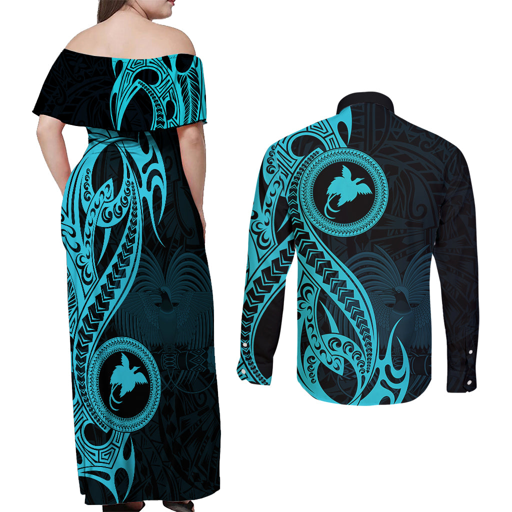 Papua New Guinea Island Couples Matching Off Shoulder Maxi Dress and Long Sleeve Button Shirts Bird of Paradise with Aqua Polynesian Tribal LT9 - Polynesian Pride