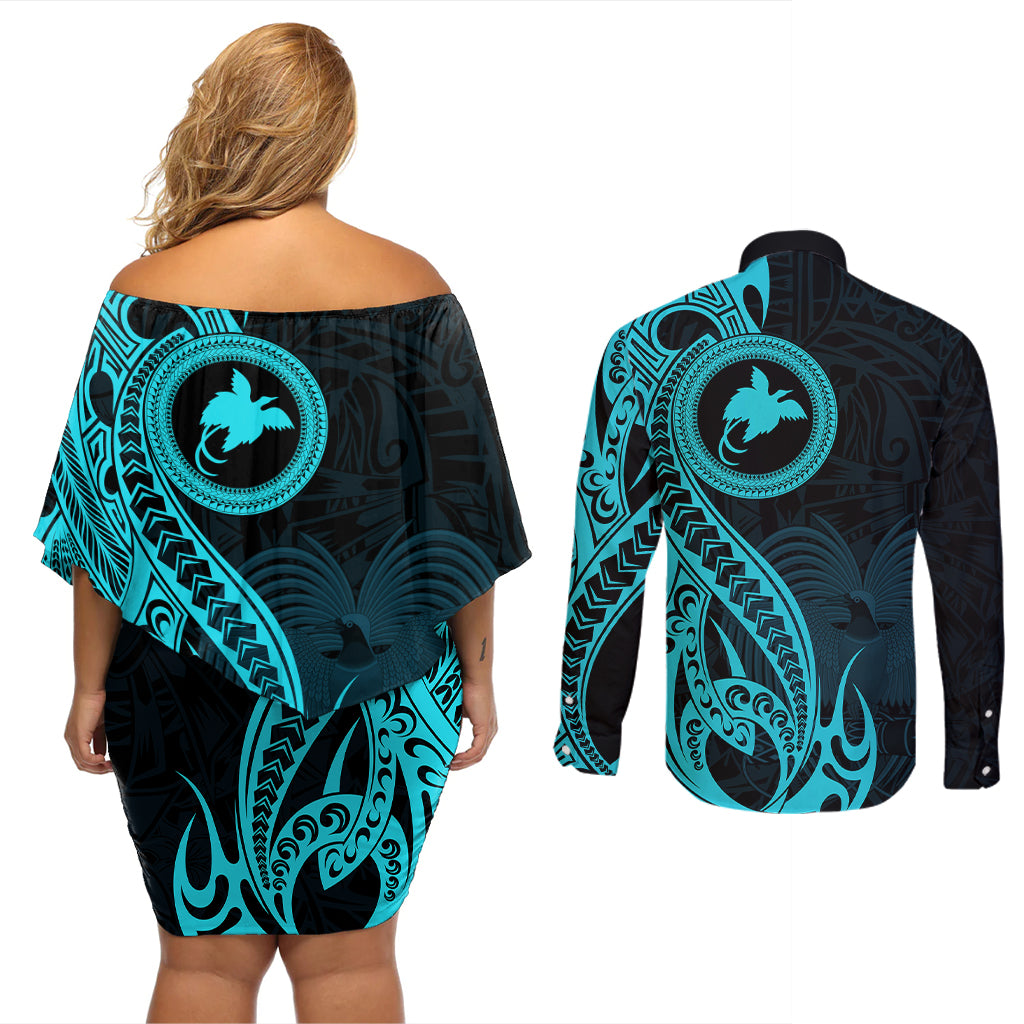 Papua New Guinea Island Couples Matching Off Shoulder Short Dress and Long Sleeve Button Shirts Bird of Paradise with Aqua Polynesian Tribal LT9 - Polynesian Pride