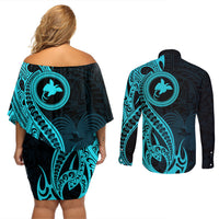 Papua New Guinea Island Couples Matching Off Shoulder Short Dress and Long Sleeve Button Shirts Bird of Paradise with Aqua Polynesian Tribal LT9 - Polynesian Pride