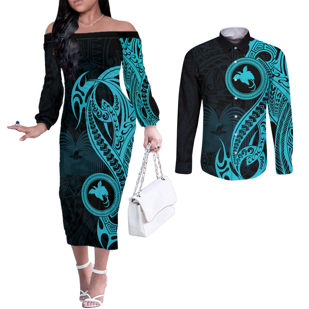 Papua New Guinea Island Couples Matching Off The Shoulder Long Sleeve Dress and Long Sleeve Button Shirts Bird of Paradise with Aqua Polynesian Tribal LT9 Aqua - Polynesian Pride