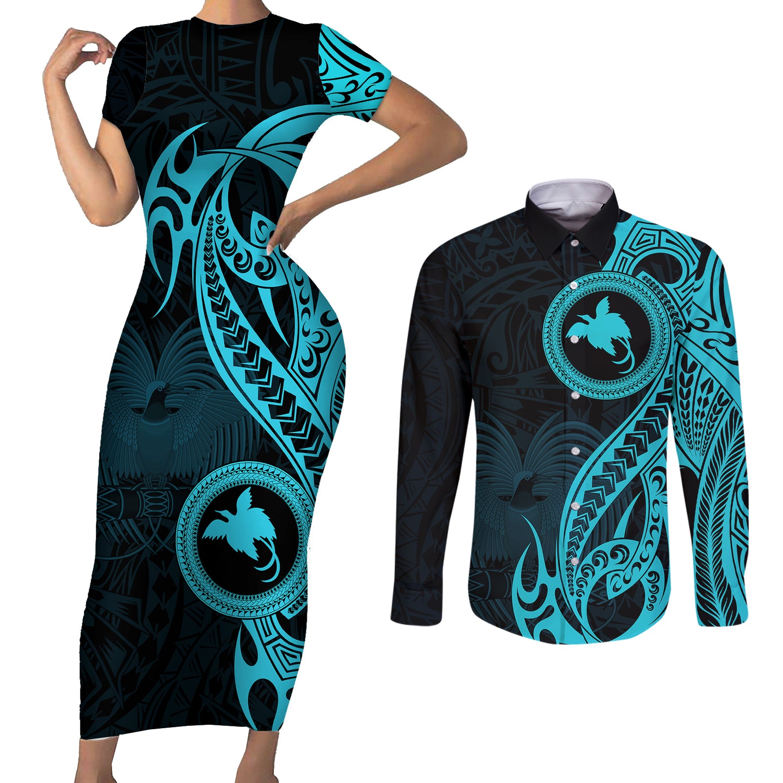 Papua New Guinea Island Couples Matching Short Sleeve Bodycon Dress and Long Sleeve Button Shirts Bird of Paradise with Aqua Polynesian Tribal LT9 Aqua - Polynesian Pride
