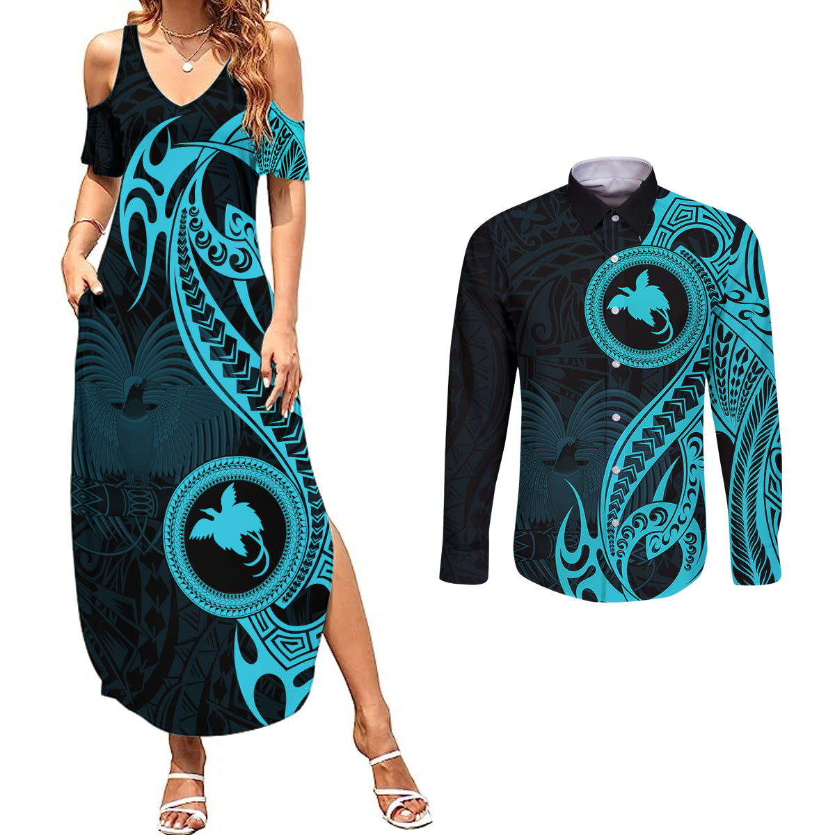 Papua New Guinea Island Couples Matching Summer Maxi Dress and Long Sleeve Button Shirts Bird of Paradise with Aqua Polynesian Tribal LT9 Aqua - Polynesian Pride
