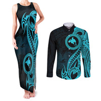 Papua New Guinea Island Couples Matching Tank Maxi Dress and Long Sleeve Button Shirts Bird of Paradise with Aqua Polynesian Tribal LT9 Aqua - Polynesian Pride