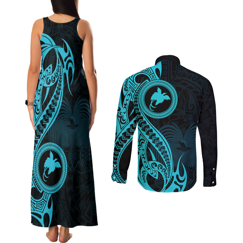 Papua New Guinea Island Couples Matching Tank Maxi Dress and Long Sleeve Button Shirts Bird of Paradise with Aqua Polynesian Tribal LT9 - Polynesian Pride