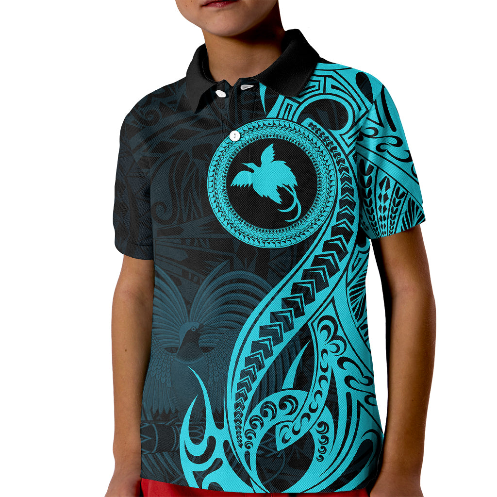 Papua New Guinea Island Kid Polo Shirt Bird of Paradise with Aqua Polynesian Tribal LT9 Kid Aqua - Polynesian Pride