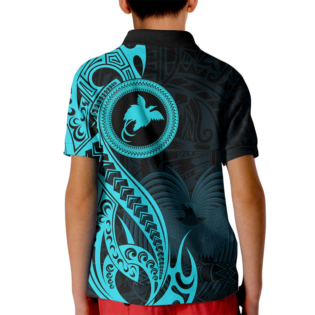 Papua New Guinea Island Kid Polo Shirt Bird of Paradise with Aqua Polynesian Tribal LT9 - Polynesian Pride