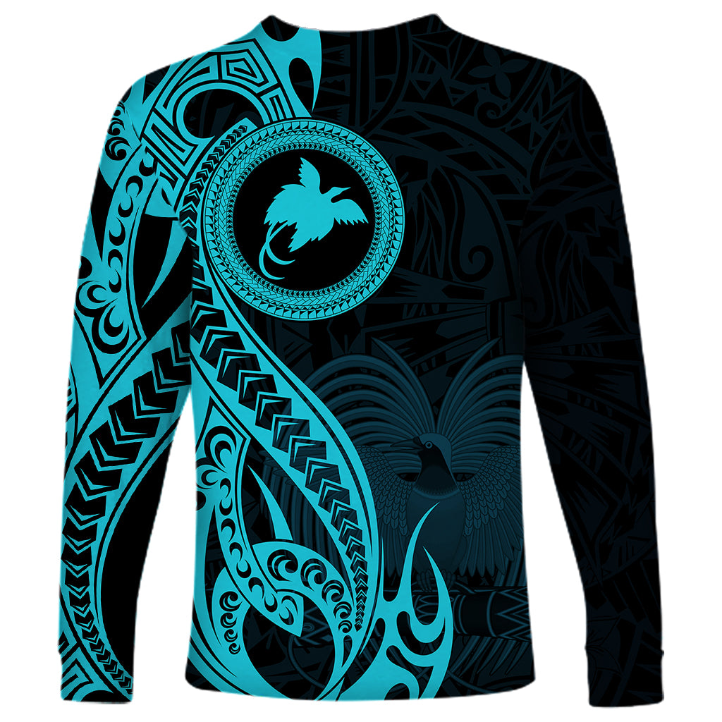 Papua New Guinea Island Long Sleeve Shirt Bird of Paradise with Aqua Polynesian Tribal LT9 - Polynesian Pride
