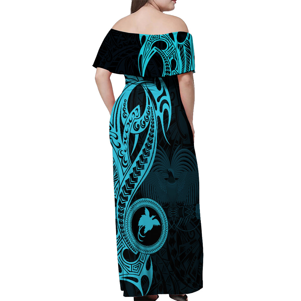 Papua New Guinea Island Off Shoulder Maxi Dress Bird of Paradise with Aqua Polynesian Tribal LT9 - Polynesian Pride