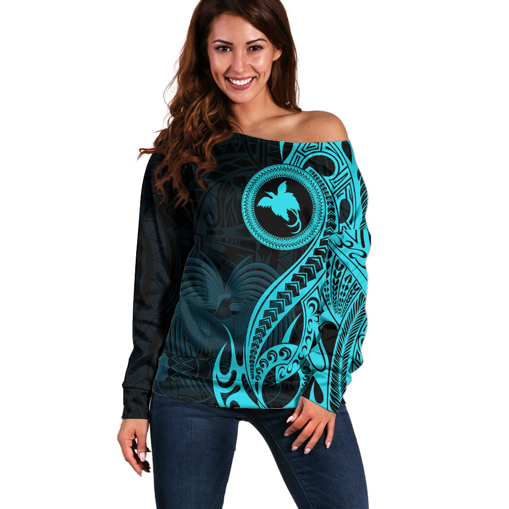 Papua New Guinea Island Off Shoulder Sweater Bird of Paradise with Aqua Polynesian Tribal LT9 Women Aqua - Polynesian Pride