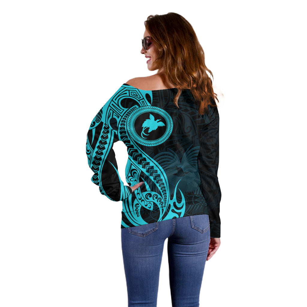 Papua New Guinea Island Off Shoulder Sweater Bird of Paradise with Aqua Polynesian Tribal LT9 - Polynesian Pride