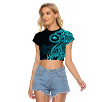Papua New Guinea Island Raglan Cropped T Shirt Bird of Paradise with Aqua Polynesian Tribal LT9 Female Aqua - Polynesian Pride