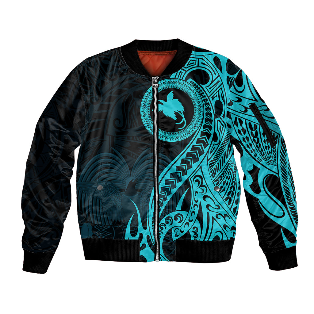 Papua New Guinea Island Sleeve Zip Bomber Jacket Bird of Paradise with Aqua Polynesian Tribal LT9 Unisex Aqua - Polynesian Pride