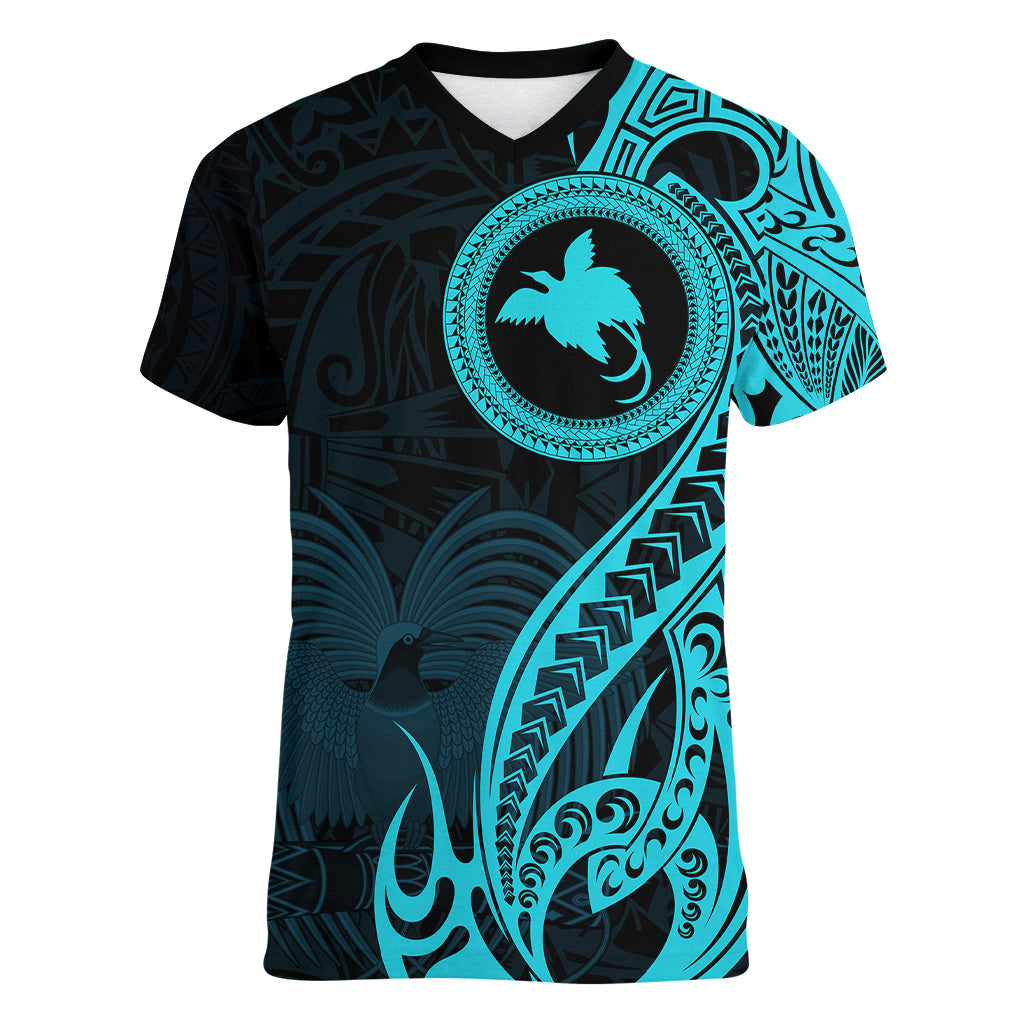 Papua New Guinea Island Women V Neck T Shirt Bird of Paradise with Aqua Polynesian Tribal LT9 Female Aqua - Polynesian Pride