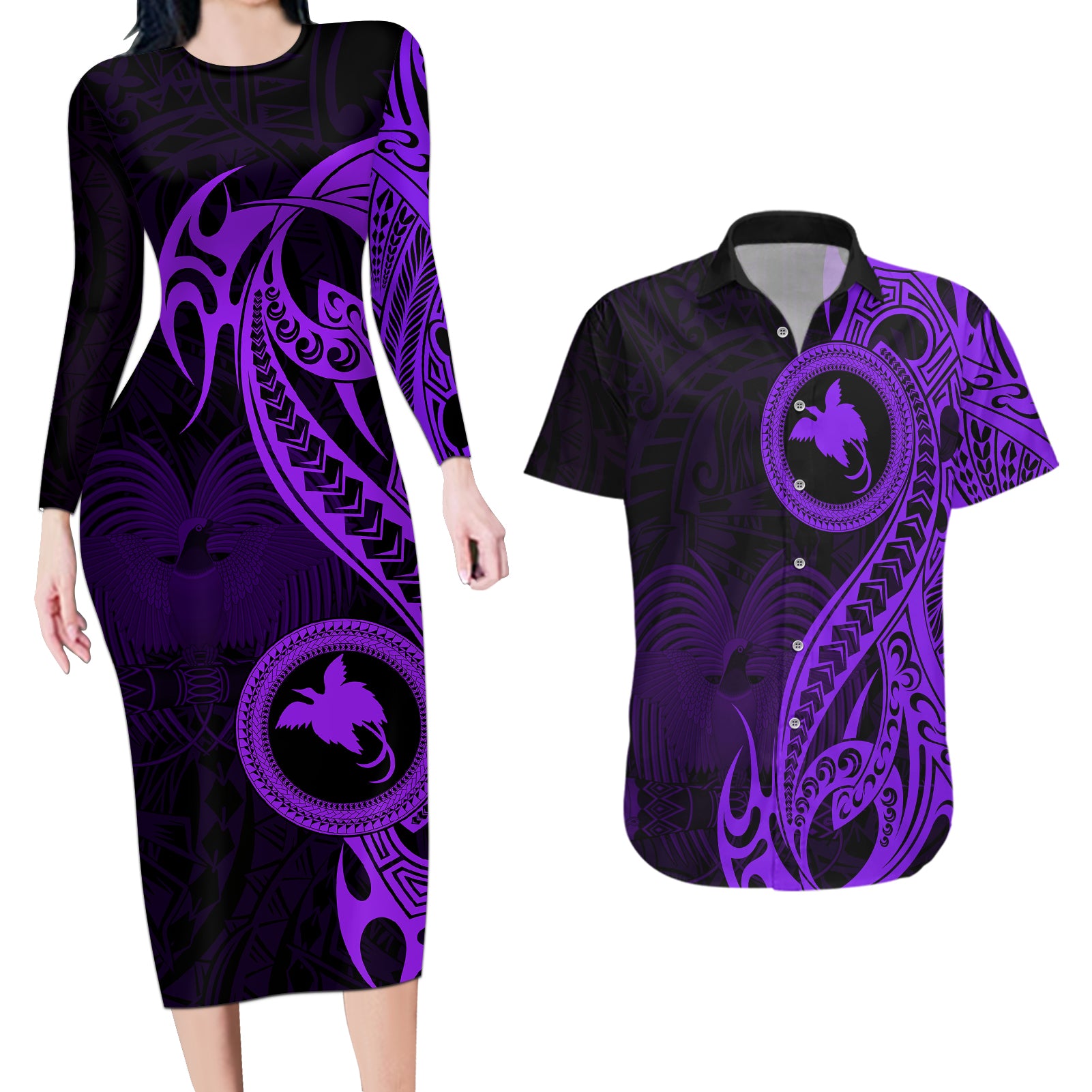 Papua New Guinea Island Couples Matching Long Sleeve Bodycon Dress and Hawaiian Shirt Bird of Paradise with Purple Polynesian Tribal LT9 Purple - Polynesian Pride