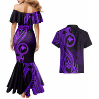 Papua New Guinea Island Couples Matching Mermaid Dress and Hawaiian Shirt Bird of Paradise with Purple Polynesian Tribal LT9 - Polynesian Pride