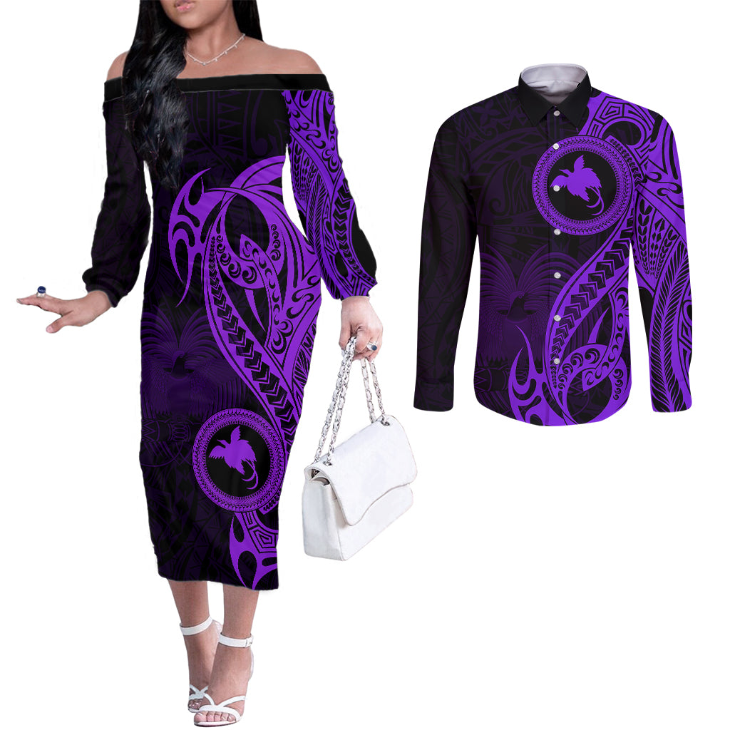 Papua New Guinea Island Couples Matching Off The Shoulder Long Sleeve Dress and Long Sleeve Button Shirts Bird of Paradise with Purple Polynesian Tribal LT9 Purple - Polynesian Pride