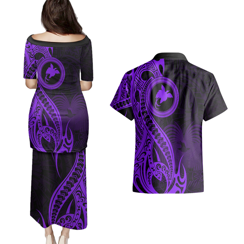 Papua New Guinea Island Couples Matching Puletasi Dress and Hawaiian Shirt Bird of Paradise with Purple Polynesian Tribal LT9 - Polynesian Pride