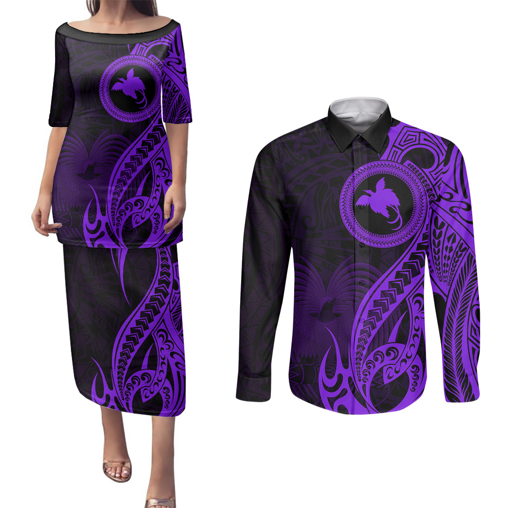 Papua New Guinea Island Couples Matching Puletasi Dress and Long Sleeve Button Shirts Bird of Paradise with Purple Polynesian Tribal LT9 Purple - Polynesian Pride