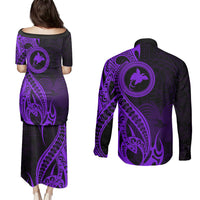 Papua New Guinea Island Couples Matching Puletasi Dress and Long Sleeve Button Shirts Bird of Paradise with Purple Polynesian Tribal LT9 - Polynesian Pride