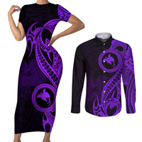 Papua New Guinea Island Couples Matching Short Sleeve Bodycon Dress and Long Sleeve Button Shirts Bird of Paradise with Purple Polynesian Tribal LT9 Purple - Polynesian Pride