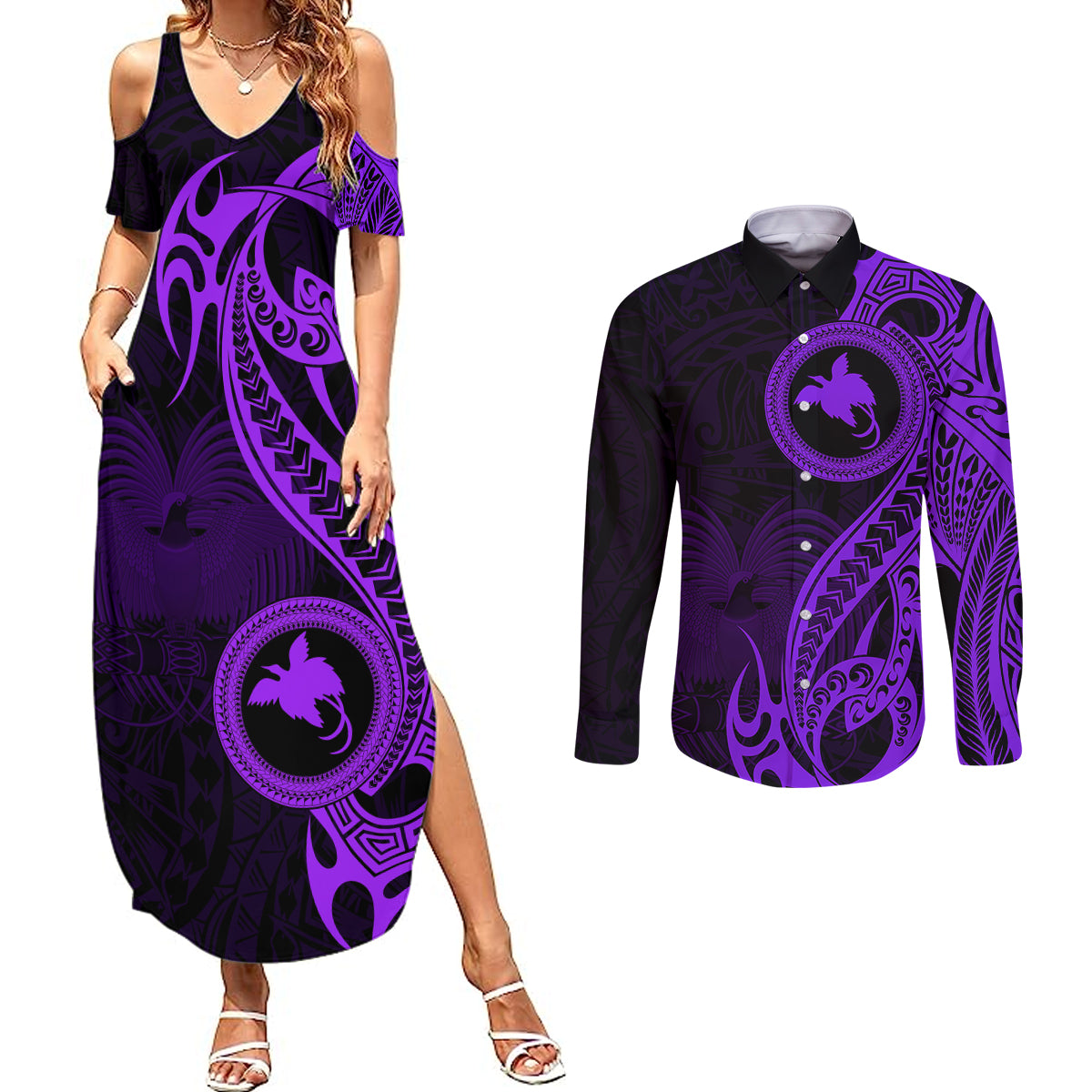 Papua New Guinea Island Couples Matching Summer Maxi Dress and Long Sleeve Button Shirts Bird of Paradise with Purple Polynesian Tribal LT9 Purple - Polynesian Pride