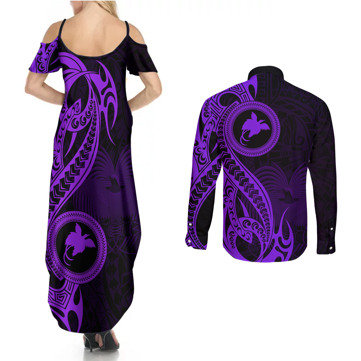 Papua New Guinea Island Couples Matching Summer Maxi Dress and Long Sleeve Button Shirts Bird of Paradise with Purple Polynesian Tribal LT9 - Polynesian Pride