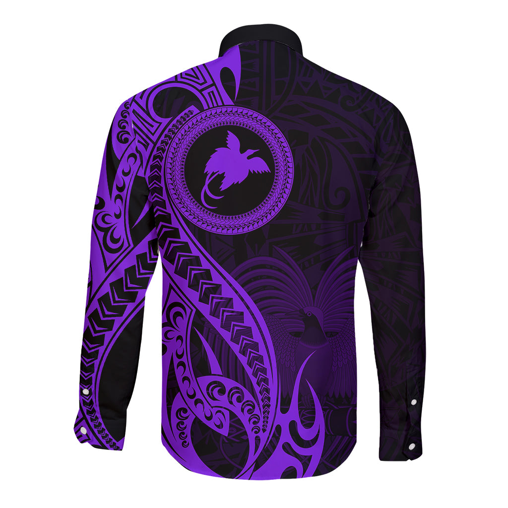 Papua New Guinea Island Long Sleeve Button Shirt Bird of Paradise with Purple Polynesian Tribal LT9 - Polynesian Pride