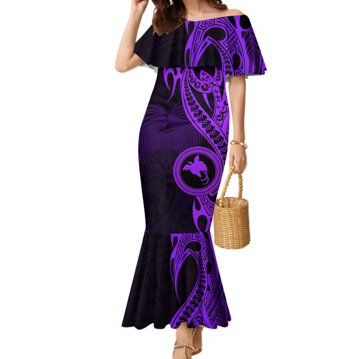 Papua New Guinea Island Mermaid Dress Bird of Paradise with Purple Polynesian Tribal LT9 Women Purple - Polynesian Pride