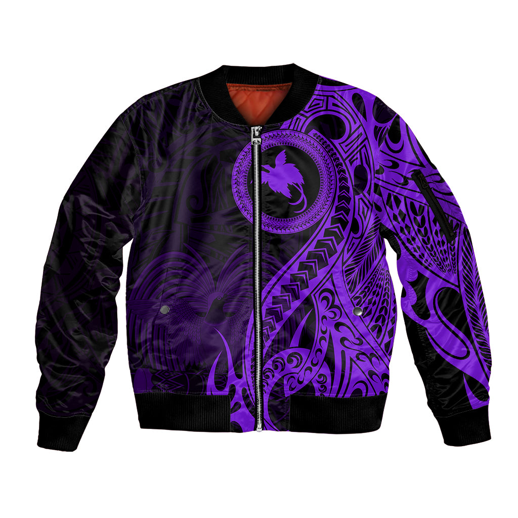 Papua New Guinea Island Sleeve Zip Bomber Jacket Bird of Paradise with Purple Polynesian Tribal LT9 Unisex Purple - Polynesian Pride