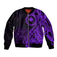 Papua New Guinea Island Sleeve Zip Bomber Jacket Bird of Paradise with Purple Polynesian Tribal LT9 Unisex Purple - Polynesian Pride