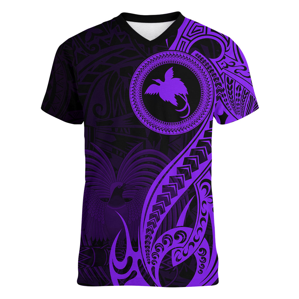Papua New Guinea Island Women V Neck T Shirt Bird of Paradise with Purple Polynesian Tribal LT9 Female Purple - Polynesian Pride