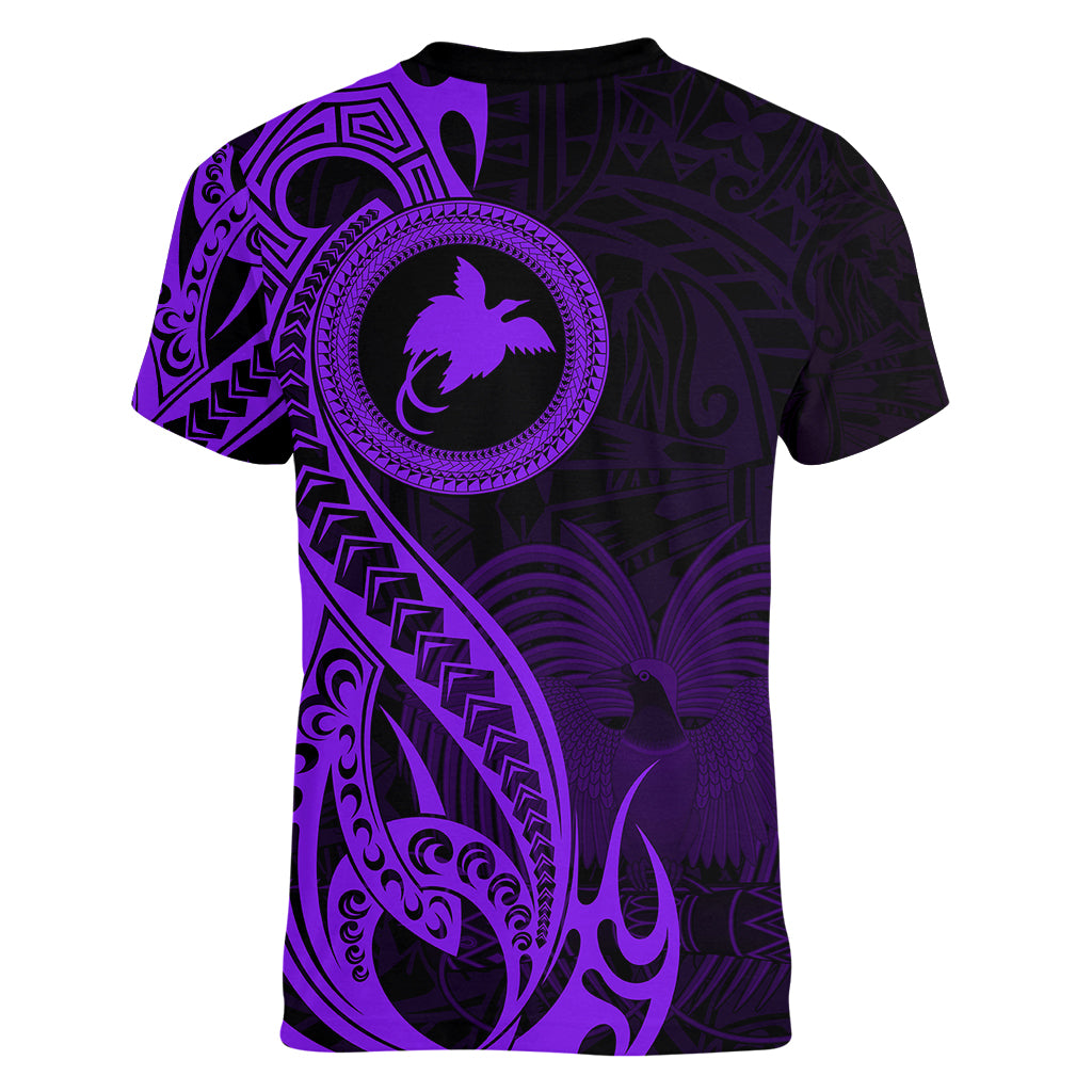 Papua New Guinea Island Women V Neck T Shirt Bird of Paradise with Purple Polynesian Tribal LT9 - Polynesian Pride