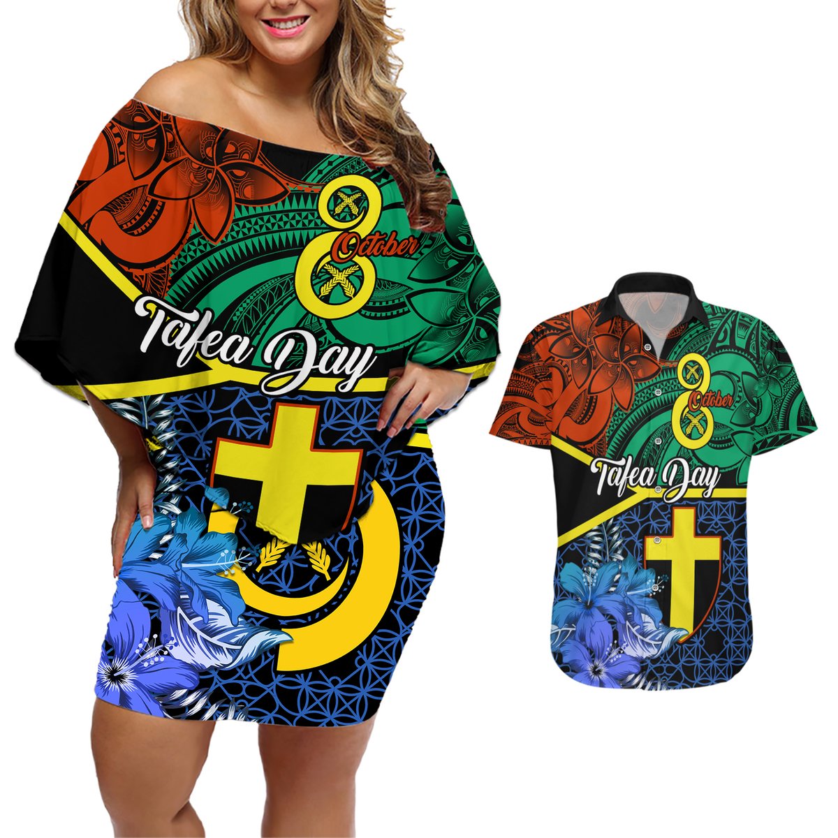tafea-day-couples-matching-off-shoulder-short-dress-and-hawaiian-shirt-vanuatu-sand-drawing-with-polynesian-pattern