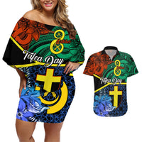 tafea-day-couples-matching-off-shoulder-short-dress-and-hawaiian-shirt-vanuatu-sand-drawing-with-polynesian-pattern