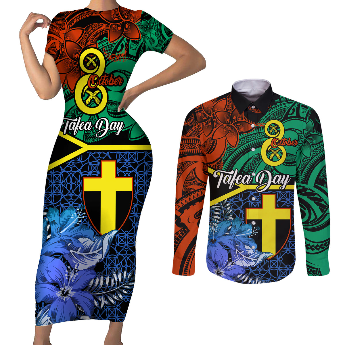 Tafea Day Couples Matching Short Sleeve Bodycon Dress and Long Sleeve Button Shirts Vanuatu Sand Drawing With Polynesian Pattern LT9 Blue - Polynesian Pride