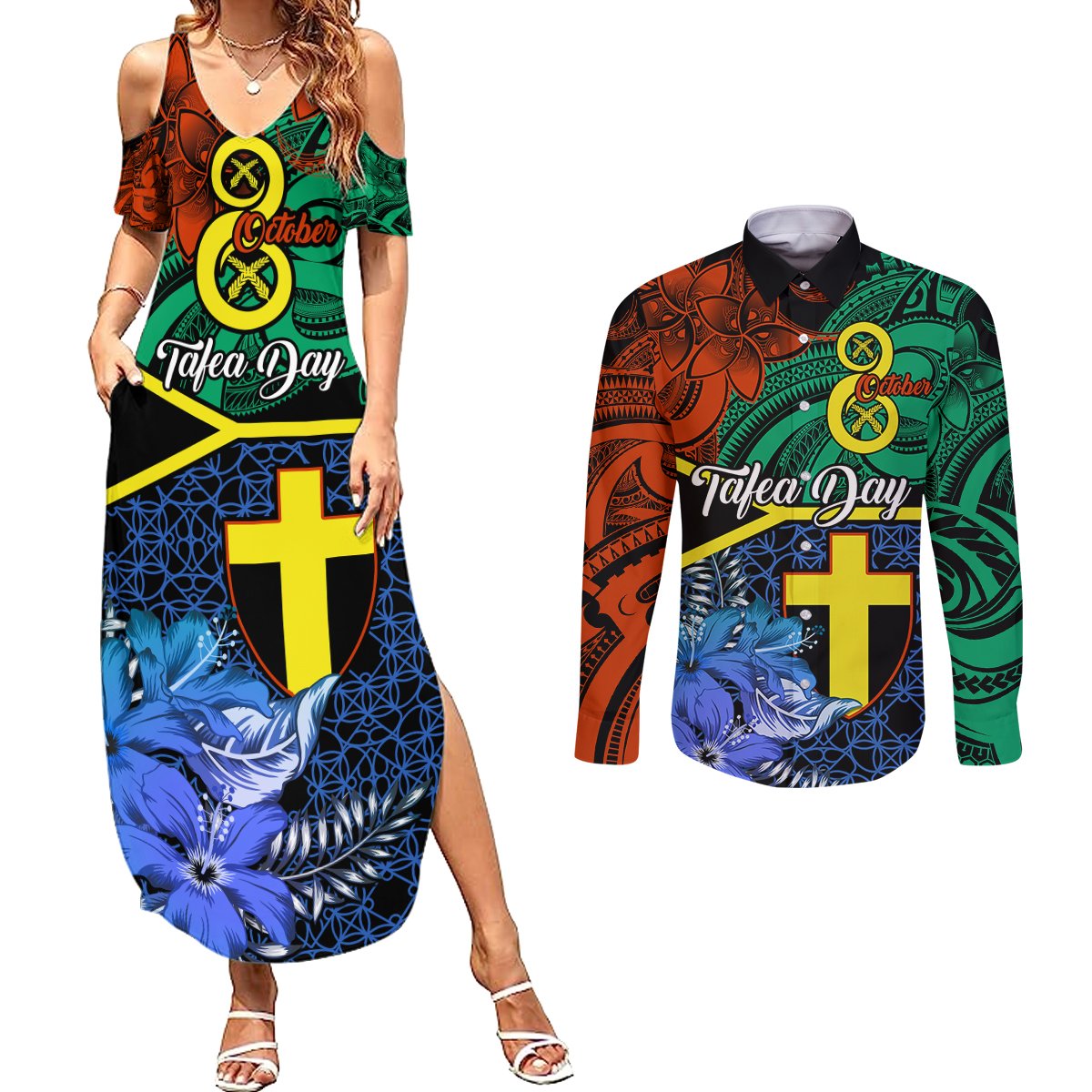 tafea-day-couples-matching-summer-maxi-dress-and-long-sleeve-button-shirts-vanuatu-sand-drawing-with-polynesian-pattern
