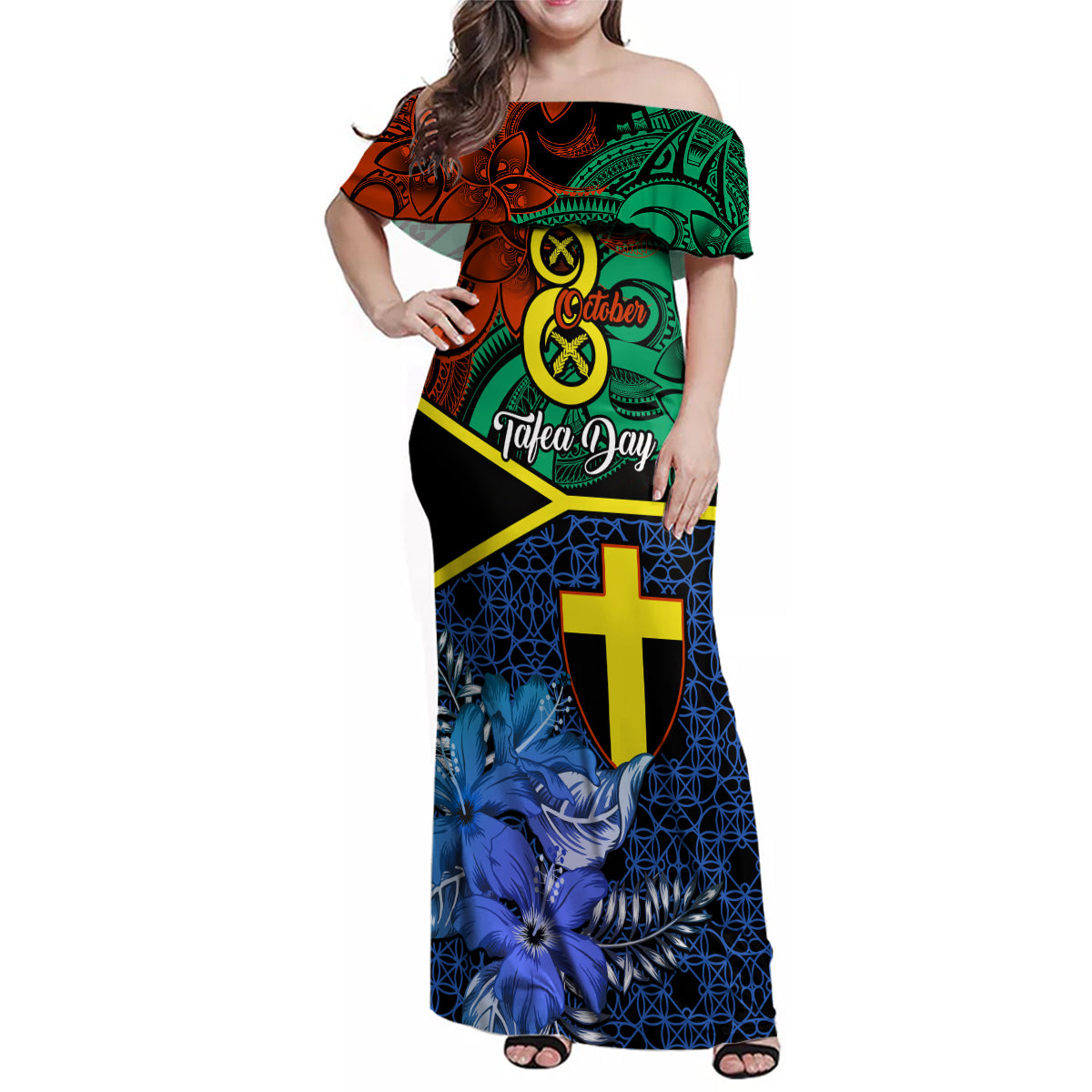 Tafea Day Family Matching Off Shoulder Maxi Dress and Hawaiian Shirt Vanuatu Sand Drawing With Polynesian Pattern LT9 Mom's Dress Blue - Polynesian Pride