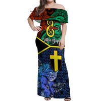Tafea Day Off Shoulder Maxi Dress Vanuatu Sand Drawing With Polynesian Pattern LT9 Women Blue - Polynesian Pride