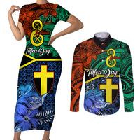 Personalised Tafea Day Couples Matching Short Sleeve Bodycon Dress and Long Sleeve Button Shirts Vanuatu Sand Drawing With Polynesian Pattern LT9 Blue - Polynesian Pride