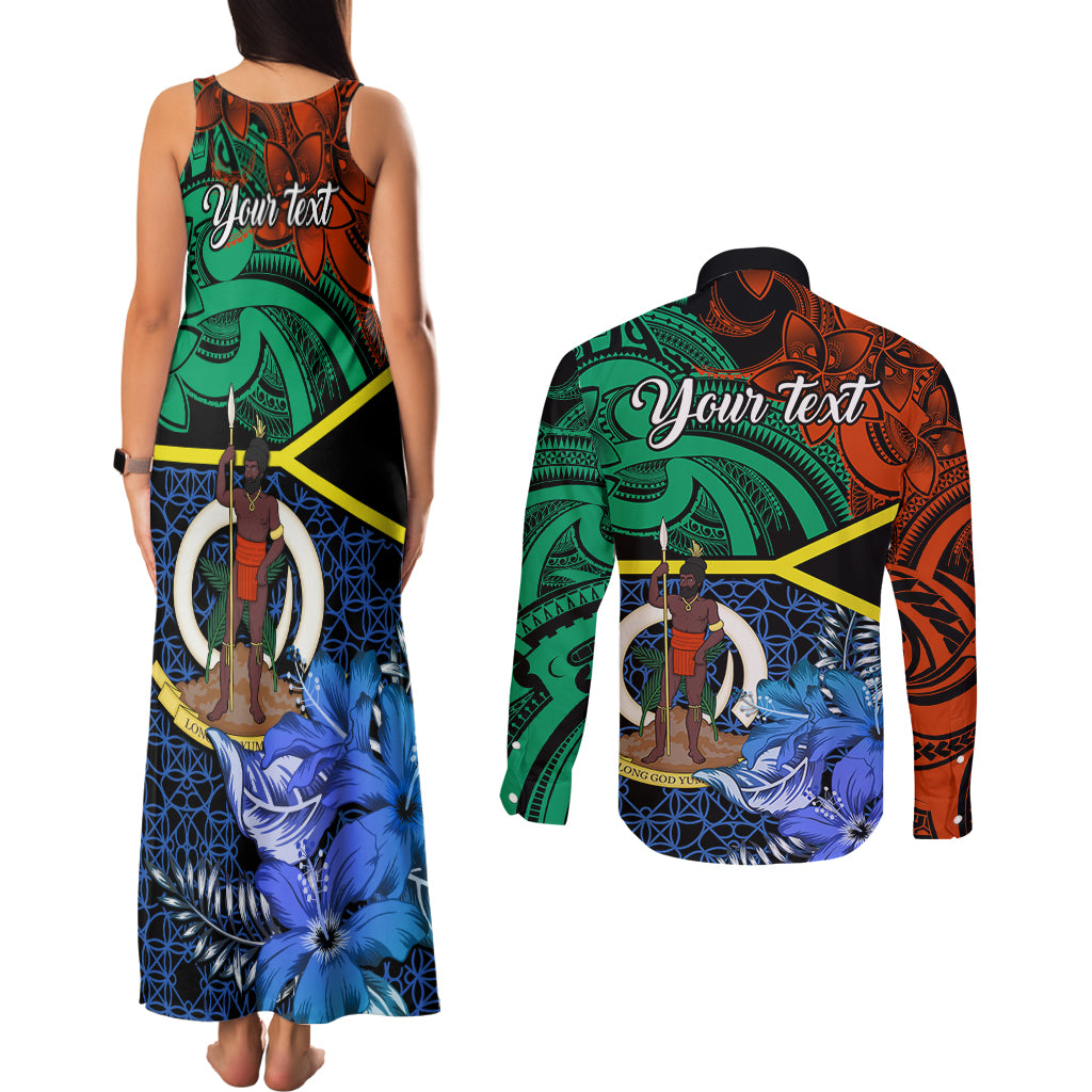 Personalised Tafea Day Couples Matching Tank Maxi Dress and Long Sleeve Button Shirts Vanuatu Sand Drawing With Polynesian Pattern LT9 - Polynesian Pride