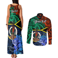 Personalised Tafea Day Couples Matching Tank Maxi Dress and Long Sleeve Button Shirts Vanuatu Sand Drawing With Polynesian Pattern LT9 - Polynesian Pride